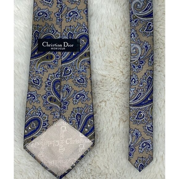 CHRISTIAN DIOR MONSIEUR Mens’ Tan Blue Paisley 100% Silk Neck Tie - Picture 3 of 5